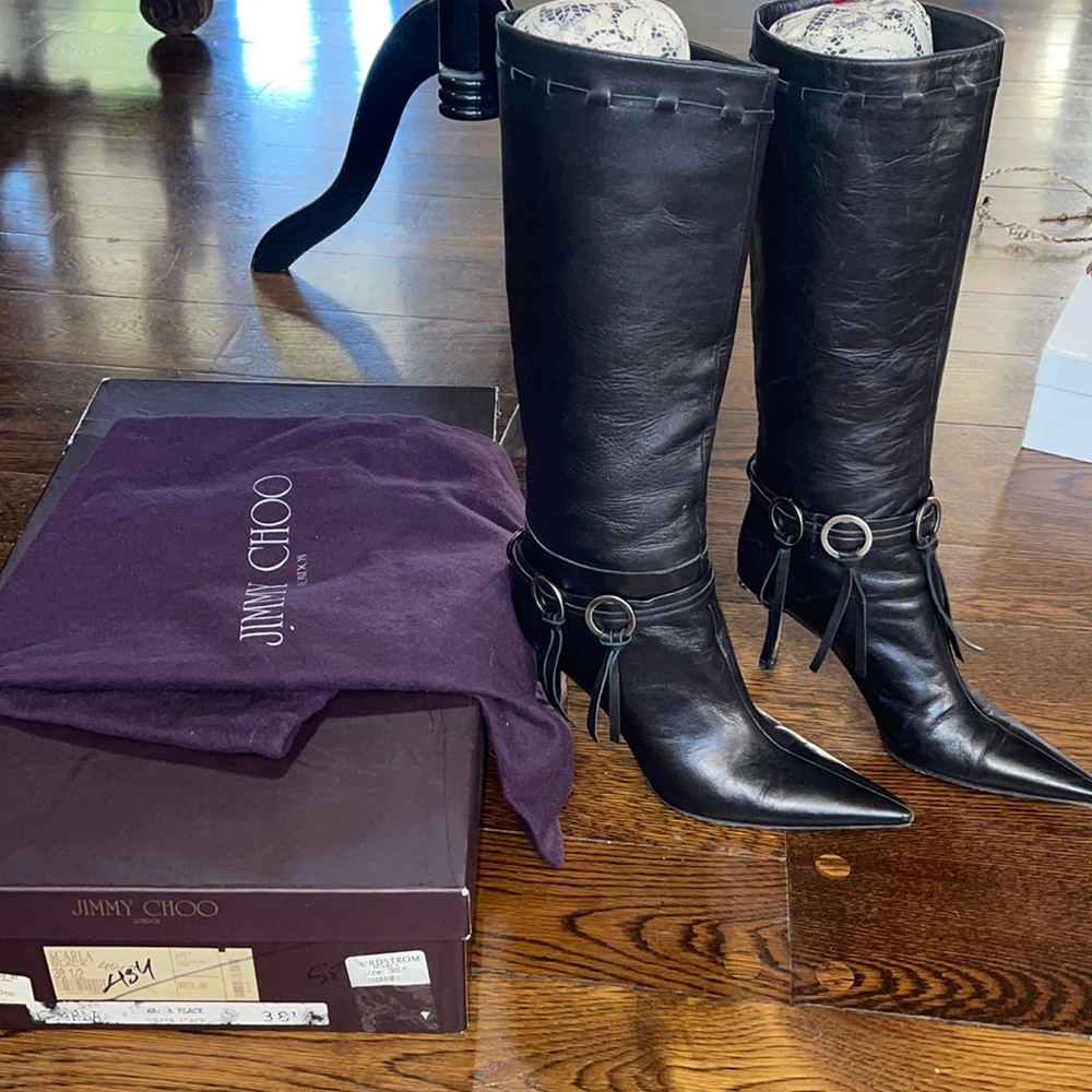 Jimmy Choo Scarla Napa Black Leather Boots 8.5